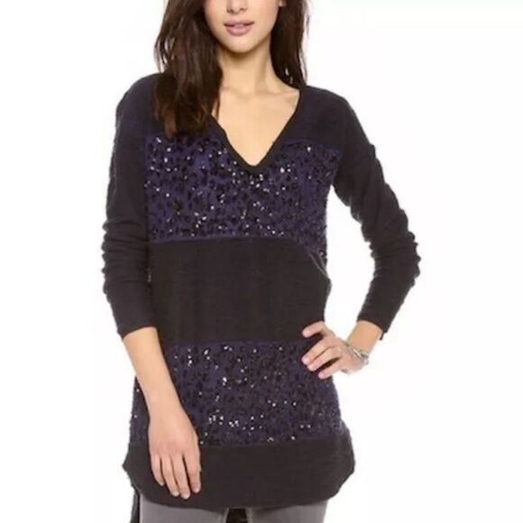 Free People Y2K Oversized Sequin Stripe Tunic Sweater, Size XS - Picture 1 of 11